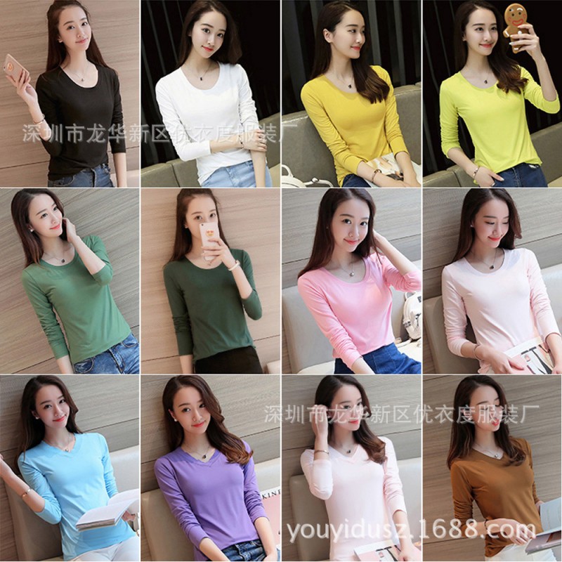 秋季女式T恤打底衫 純色圓領長袖女士T恤上衣 阿裡巴巴地攤批發網批發・進口・工廠・代買・代購