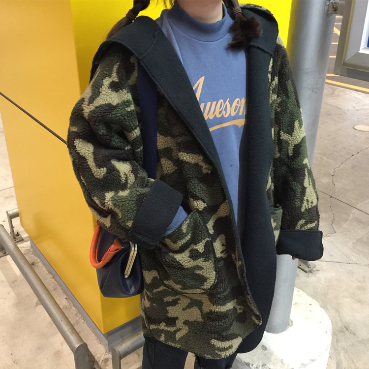 3212#(實拍)韓版兩穿迷彩中長款女羊羔毛呢寬松大碼棉服外套女工廠,批發,進口,代購