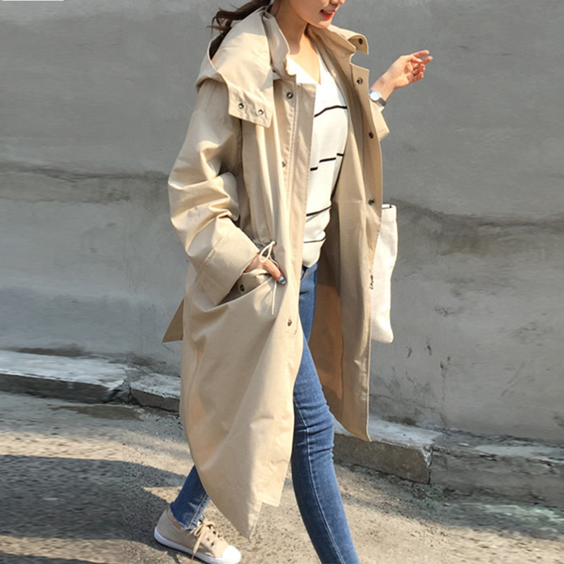 韓版連帽工裝風衣 中長款收腰寬松大碼顯瘦休閒外套女批發・進口・工廠・代買・代購