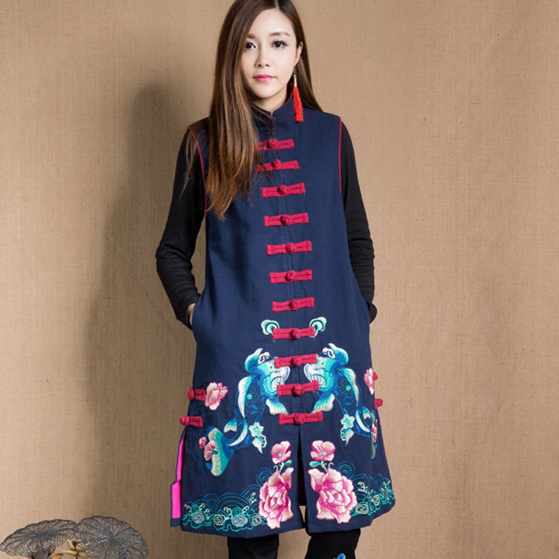 原創秋冬女裝新款民族風繡花馬甲中長款棉麻立領大碼盤扣馬夾背心批發・進口・工廠・代買・代購
