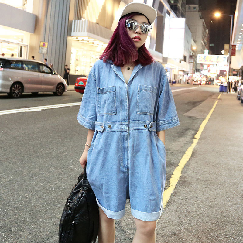 歐洲站街頭風夏季休閒寬松款女式牛仔連身短褲工裝連身衣批發・進口・工廠・代買・代購