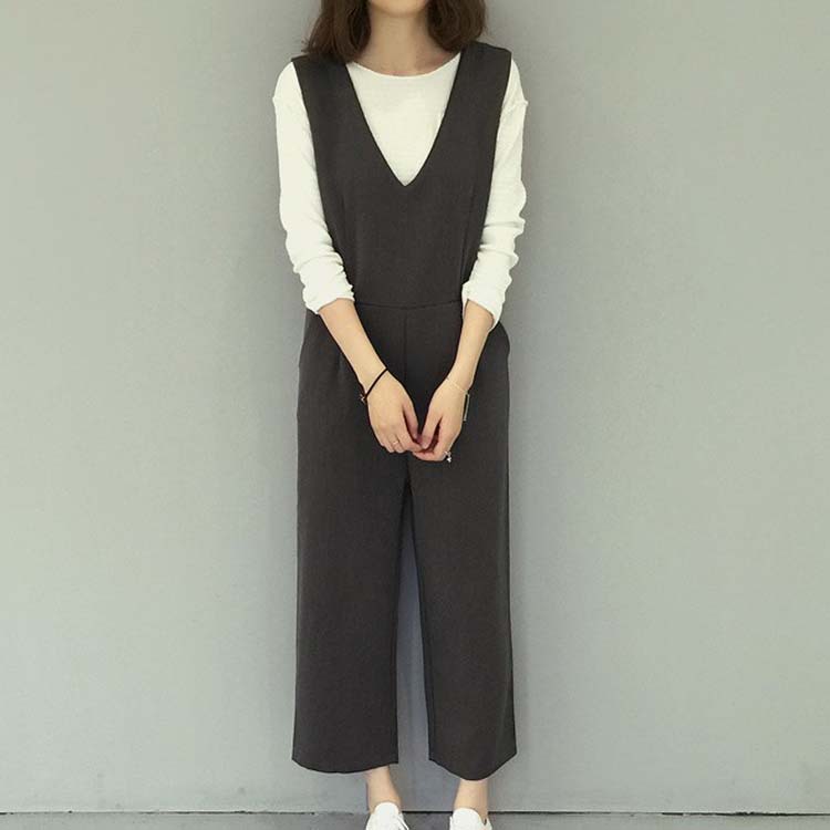 2016春裝韓版寬松顯瘦V領後背拉鏈口袋無袖休閒九分直筒連身褲女批發・進口・工廠・代買・代購