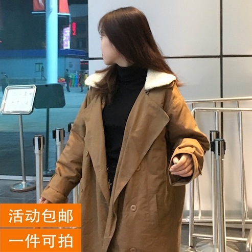 婍女裝新款韓版復古翻領羊羔毛外套女中長款直筒大衣夾棉風衣潮工廠,批發,進口,代購