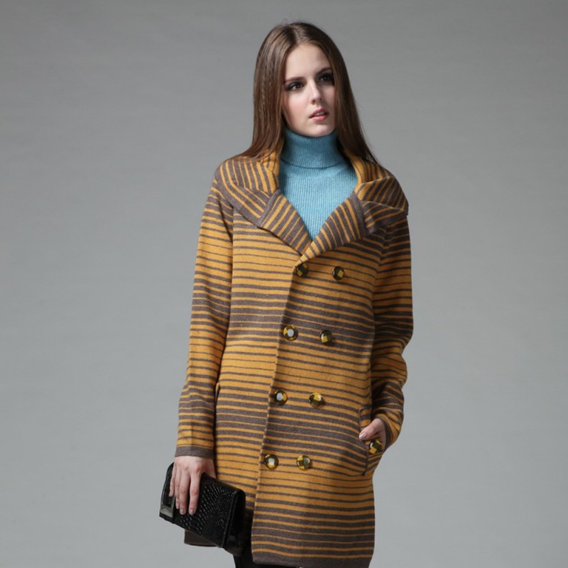 廠傢直銷冬季熱賣 長款直筒條紋大衣女式羊絨針織毛衣外套批發・進口・工廠・代買・代購