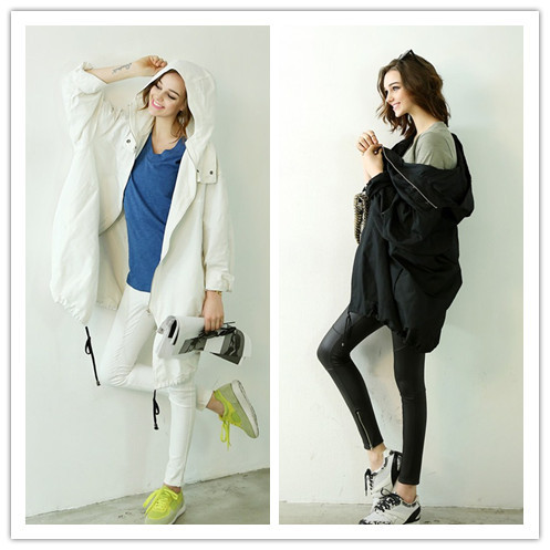 2015秋季女裝歐美時尚連帽拉鏈寬松大碼風衣工廠,批發,進口,代購