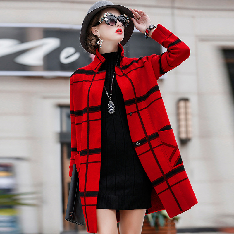 韓國女裝2016冬裝新款韓版針織衫中長款格紋外套時尚爆款毛衣風衣工廠,批發,進口,代購