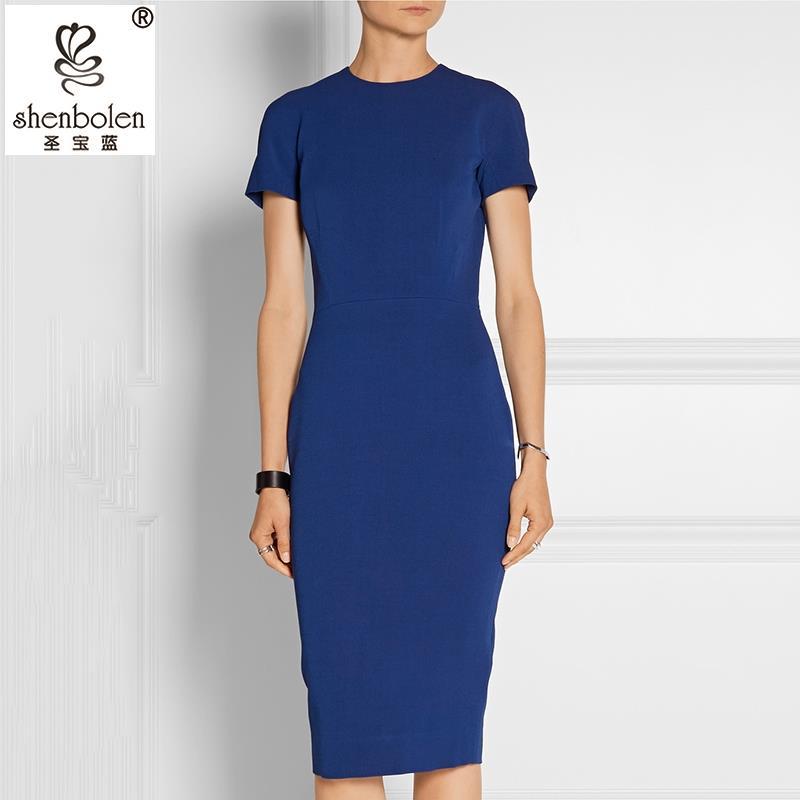 2016亞馬遜爆款藍色短袖圓領顯瘦連衣裙歐美女性職業裝外貿原單批發・進口・工廠・代買・代購