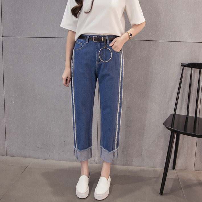 實拍新春韓版潮BF風拼接白邊直筒牛仔褲女秋冬韓國寬松長褲工廠,批發,進口,代購