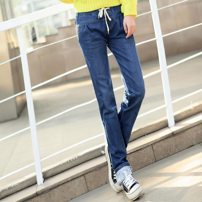 工廠直批 韓版可翻折松緊腰女式牛仔褲女褲廠傢批發秋裝女 601批發・進口・工廠・代買・代購