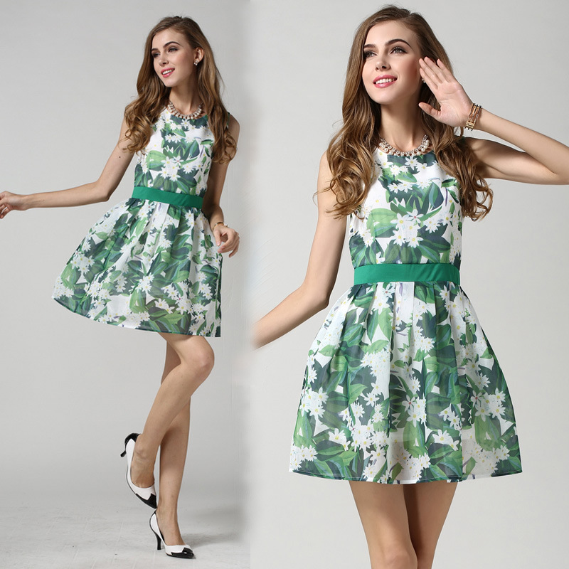 新款 3D數位印綠葉花 無袖收腰連衣裙批發・進口・工廠・代買・代購