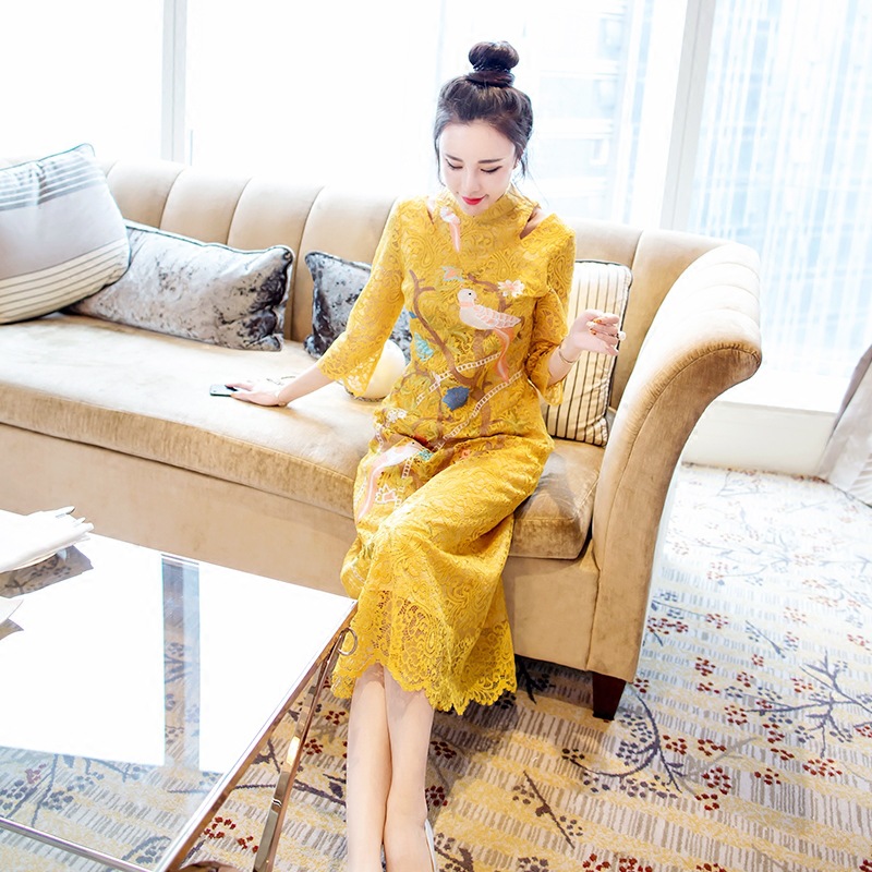 復古性感名媛氣質中長款裙子黃色蕾絲旗袍連衣裙秋裝女裝長裙潮批發・進口・工廠・代買・代購