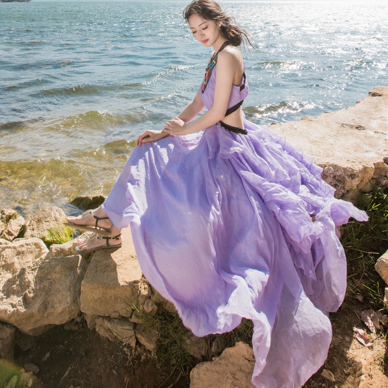 608#春夏新款女紫色雪紡吊帶連衣裙 大擺度假長裙（實拍圖）工廠,批發,進口,代購