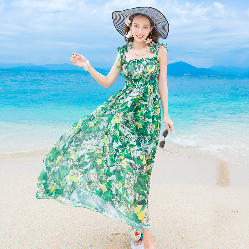 2017新款韓版吊帶一字領綠色雪紡沙灘女連衣裙工廠,批發,進口,代購