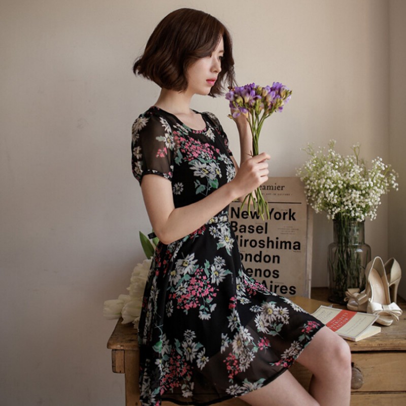 2016夏裝新款韓版女裝 印花短袖配吊帶兩件套短裙 雪紡連衣裙工廠,批發,進口,代購