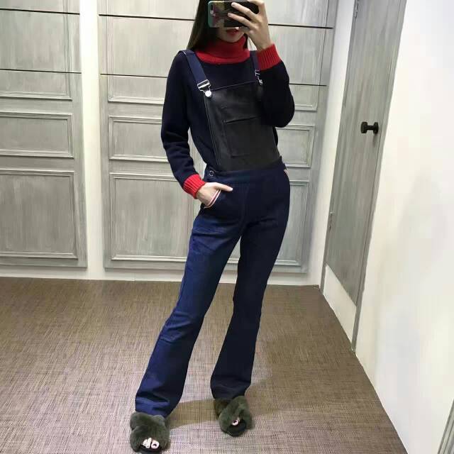女士女裝新款 兩穿 秋冬新款 PU拼接微型喇叭 背帶牛仔褲工廠,批發,進口,代購