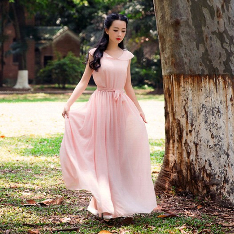 韓國SZ代購清新優雅女裝 娃娃領復古度假連衣裙 夏季修身時尚長裙批發・進口・工廠・代買・代購
