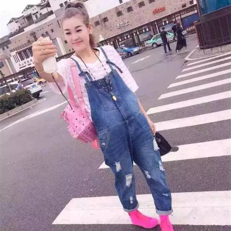 2015秋季新款 女裝 牛仔褲 韓版破洞水洗大口袋寬松牛仔背帶長褲工廠,批發,進口,代購