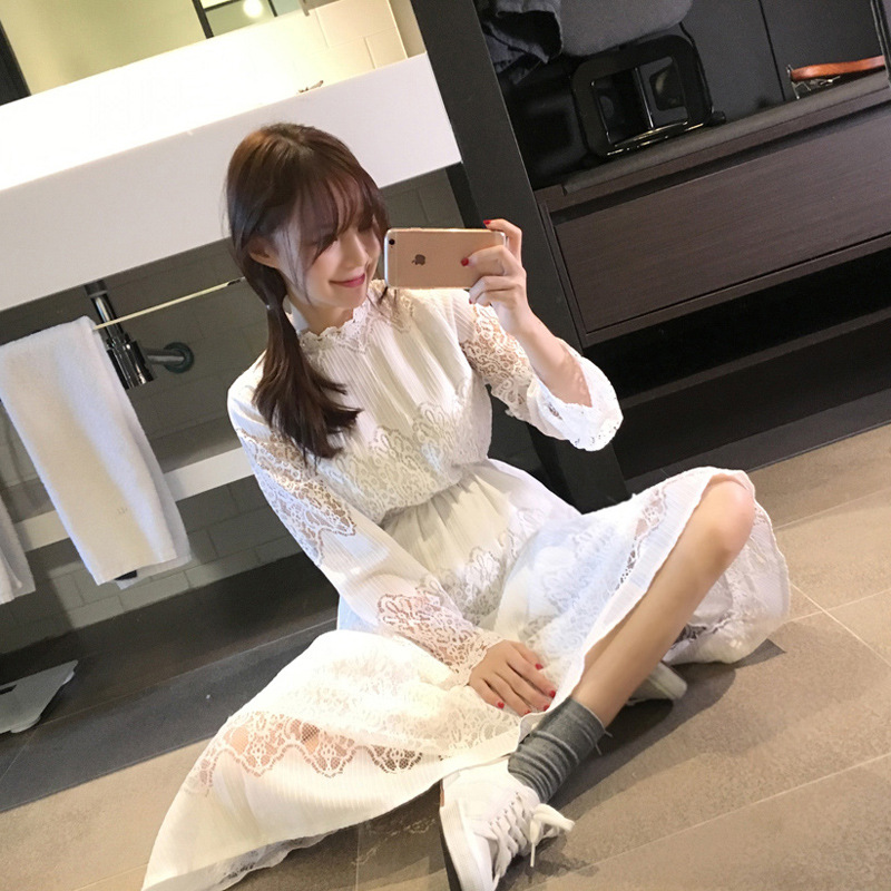 2016年新款秋裝 韓版長袖 蕾絲收腰 白色 花邊連衣裙 女裝工廠,批發,進口,代購