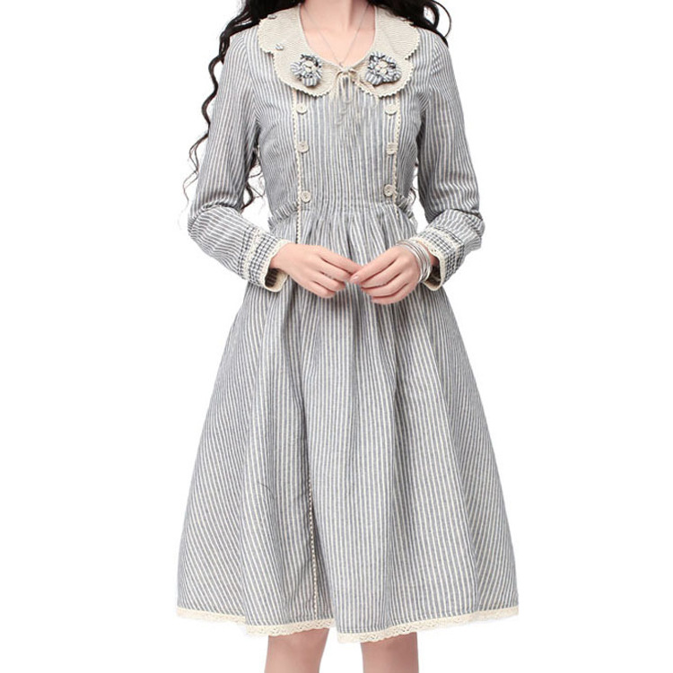 2016日系森女系雙層棉麻娃娃領修身長袖連衣裙工廠,批發,進口,代購