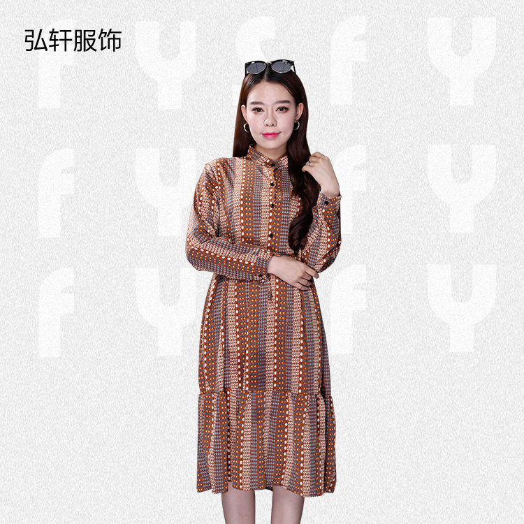 廠傢直銷條紋格子拼色連衣裙 歐美風時尚休閒咖色女裝連衣裙批發・進口・工廠・代買・代購