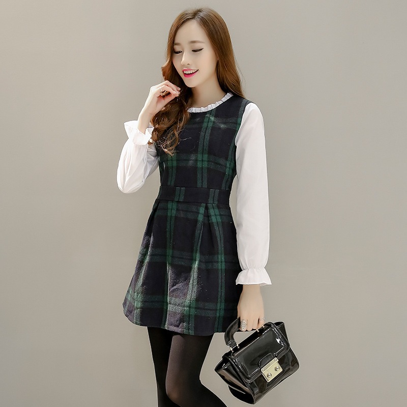 韓國韓版連衣裙2015秋裝新款女拼接格子長袖短連衣裙工廠,批發,進口,代購
