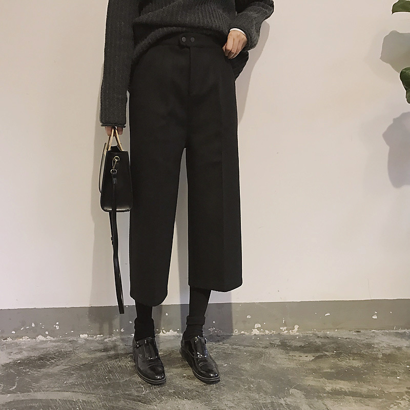 韓國好質量冬季新款寬松顯瘦加厚直筒毛呢休閒靴褲八分褲女批發・進口・工廠・代買・代購
