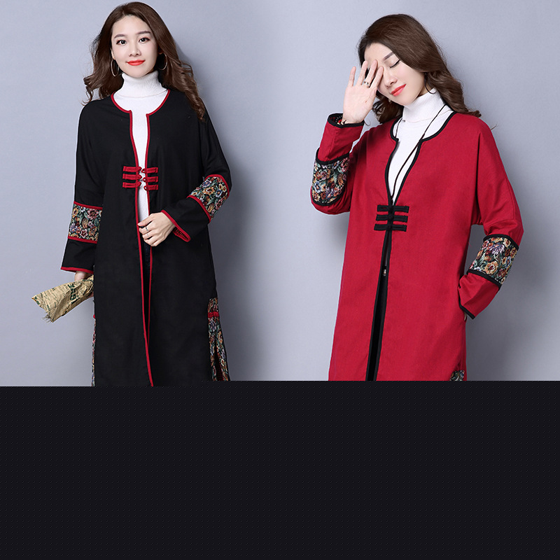 休閒棉麻民族風長衫女裝中長款外套風衣盤扣夾層工廠,批發,進口,代購
