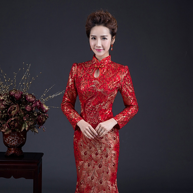 新款秋冬婚禮錦緞旗袍新娘中式結婚敬酒服鳳凰刺繡 紅色長款顯瘦批發・進口・工廠・代買・代購