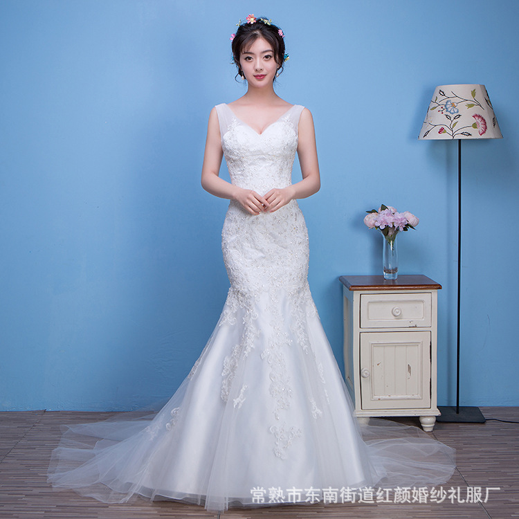 來樣定做秋季外貿修身魚尾婚紗 2016新款v領蕾絲雙肩拖尾婚紗禮服批發・進口・工廠・代買・代購