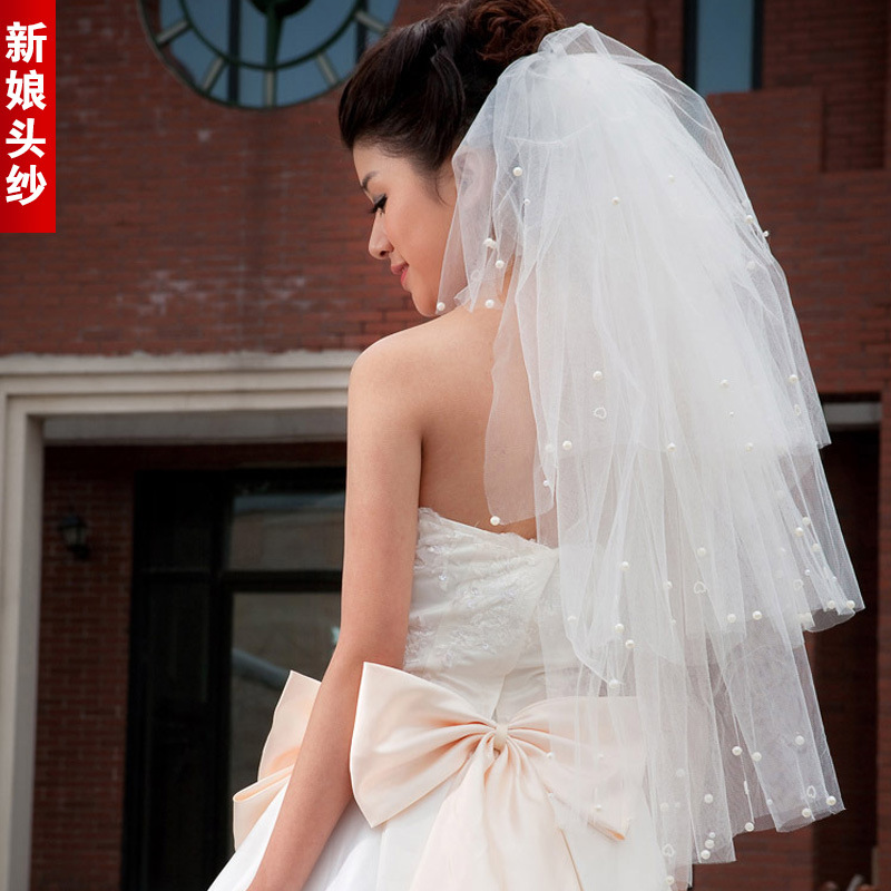 批發新娘結婚紗禮服頭紗T114四層短款散黏珠愛心頭沙廠價直銷批發・進口・工廠・代買・代購