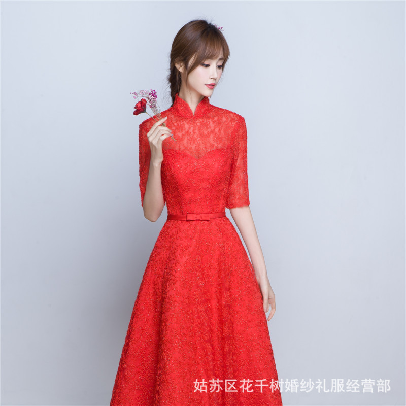 紅色新娘敬酒服2016新款冬季結婚訂婚禮服宴會晚禮服中長款連衣裙工廠,批發,進口,代購