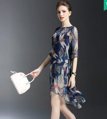 2016夏裝新款女裝潮歐美氣質修身不規則真絲印花連衣裙廠傢直銷工廠,批發,進口,代購