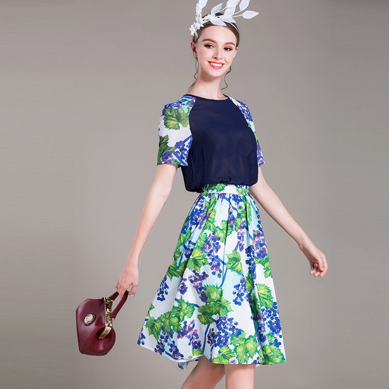 歐美風女裝大牌高端時尚套裝女 葡萄印花雪紡半身裙兩件套2016工廠,批發,進口,代購