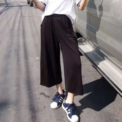 春夏新款韓國chic寬松百搭松緊腰黑色7分闊腿褲休閒褲女潮批發・進口・工廠・代買・代購