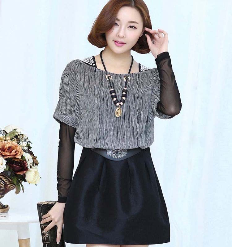 2015年春新款韓版時尚修身蝙蝠衫顯瘦假兩件圓領網紗連衣裙女工廠,批發,進口,代購