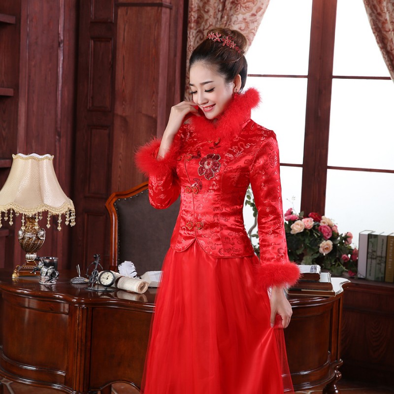 婚紗禮服2014紅色結婚敬酒服新娘旗袍冬時尚長款冬季旗袍長袖冬裝批發・進口・工廠・代買・代購