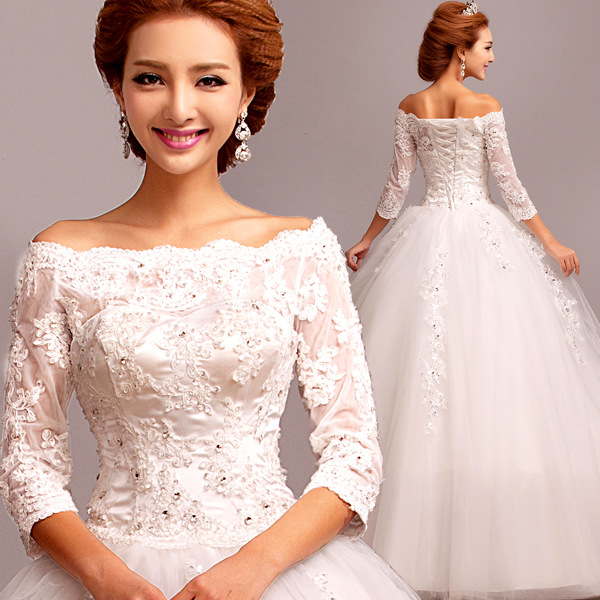 韓式中袖一字肩公主新娘蕾絲綁帶齊地婚紗 2014冬季新款結婚Z工廠,批發,進口,代購