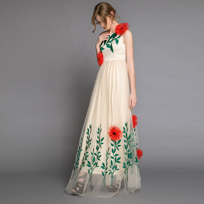 2017歐美早春新品女裝網紗繡花無袖禮服裙長裙連衣裙批發・進口・工廠・代買・代購