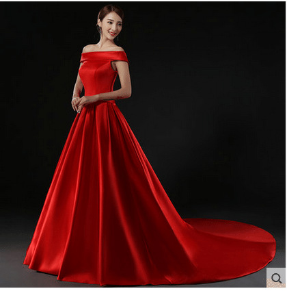 婚紗定製2015春夏秋冬一字肩大拖尾紅色婚紗禮服 婚紗工廠,批發,進口,代購