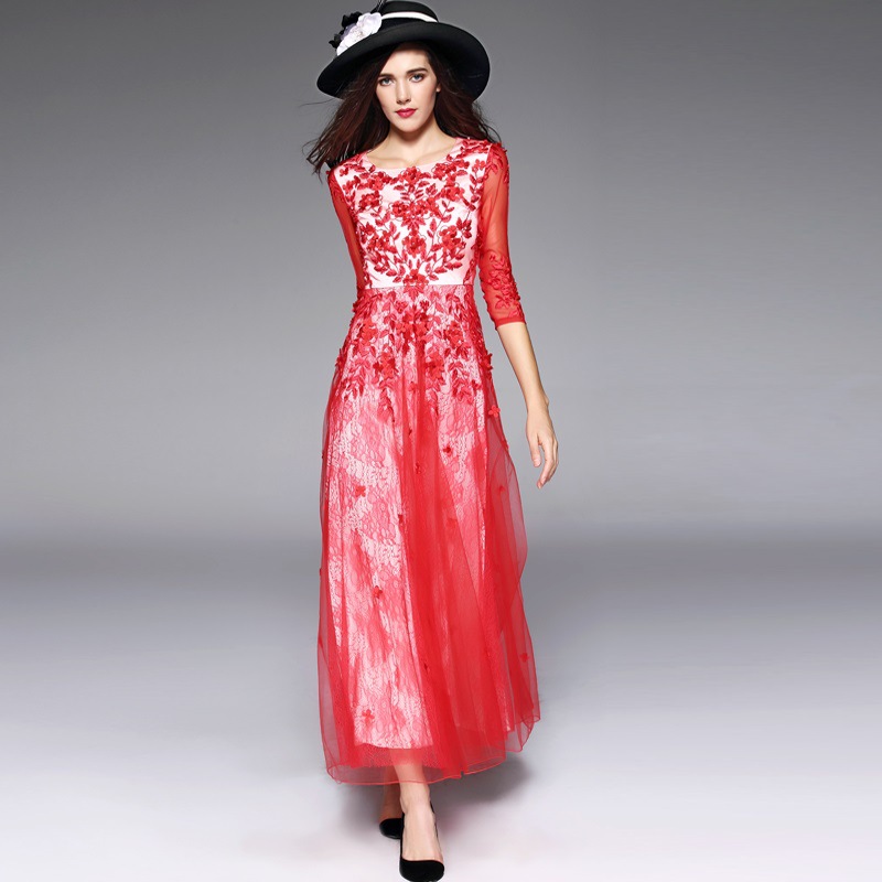 紅裙子立體花朵刺繡紅色結婚長款禮服裙連衣裙敬酒服宴會氣質優雅工廠,批發,進口,代購