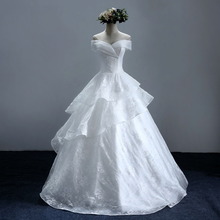 婚紗禮服外貿歐美2016新款一字肩V領齊地顯瘦蕾絲新娘婚紗定製女工廠,批發,進口,代購