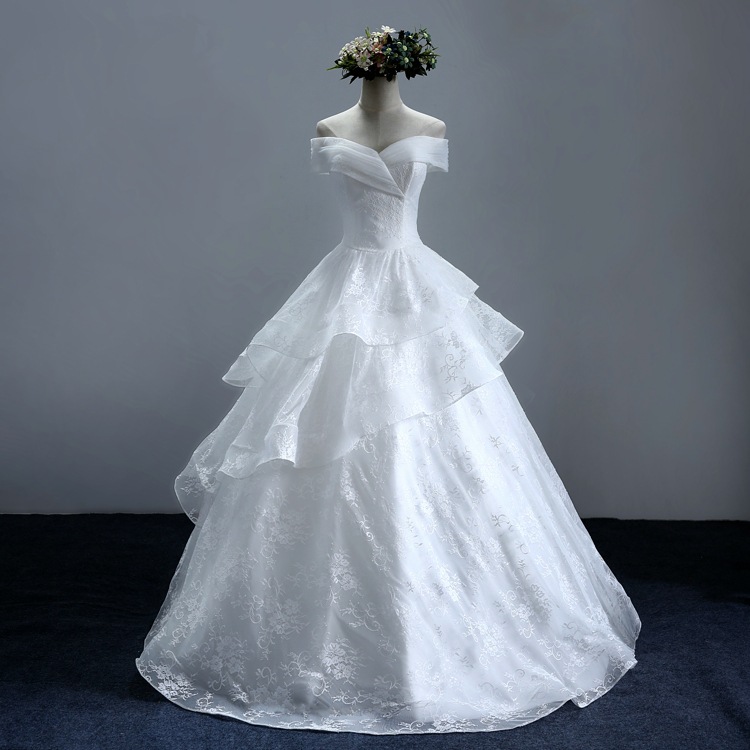 婚紗禮服外貿歐美2016新款一字肩V領齊地顯瘦蕾絲新娘婚紗定製女工廠,批發,進口,代購