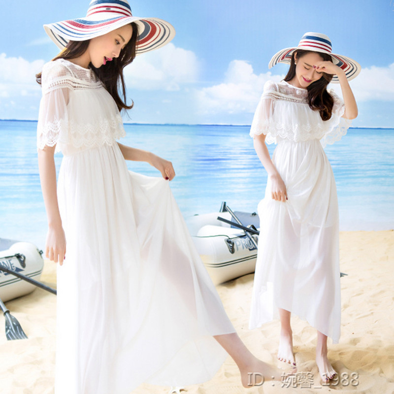 白色雪紡連衣裙夏季海灘度假女裝波西米亞沙灘裙顯瘦高腰海邊長裙批發・進口・工廠・代買・代購