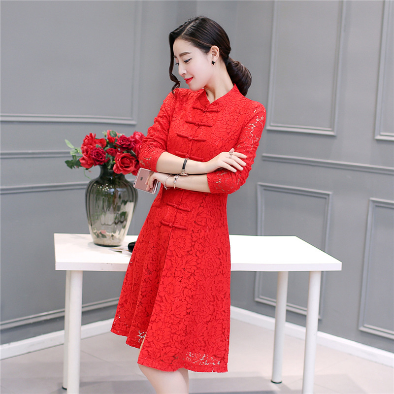 2016新款名媛氣質修身大紅色蕾絲長袖開叉旗袍連衣裙秋裝女裝938工廠,批發,進口,代購