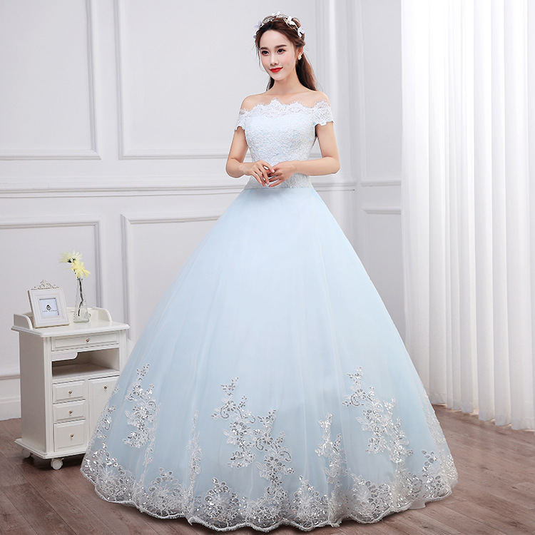 韓式新娘蕾絲一字肩露背綁帶齊地公主婚紗禮服奢華冰藍色2016新款工廠,批發,進口,代購