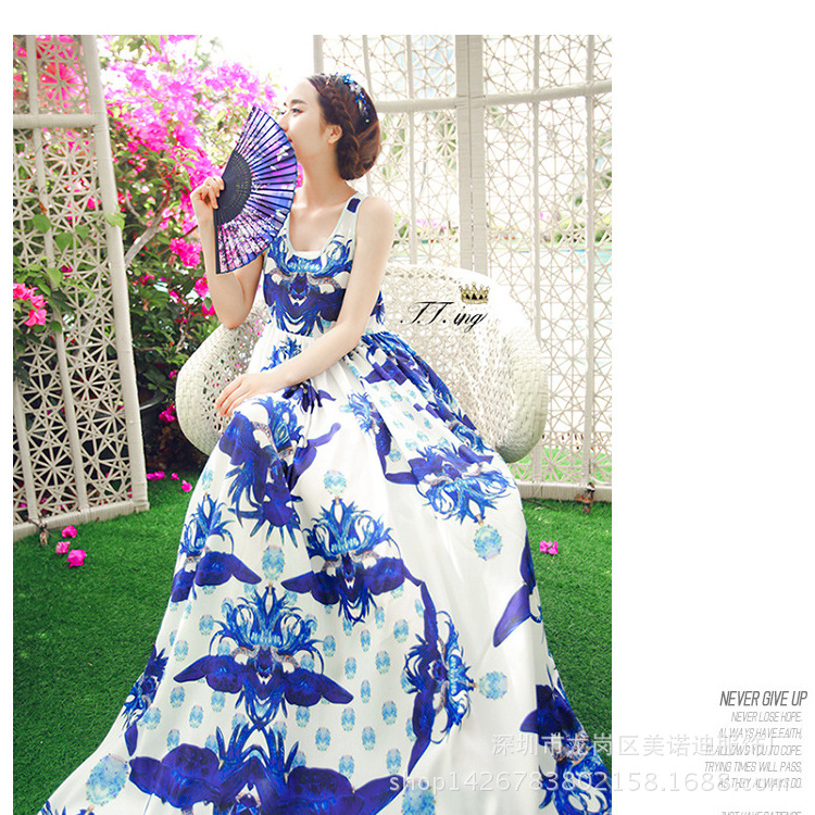 2015夏季新款雪紡連衣裙沙灘長裙背心裙露背品牌印花大擺連衣裙批發・進口・工廠・代買・代購