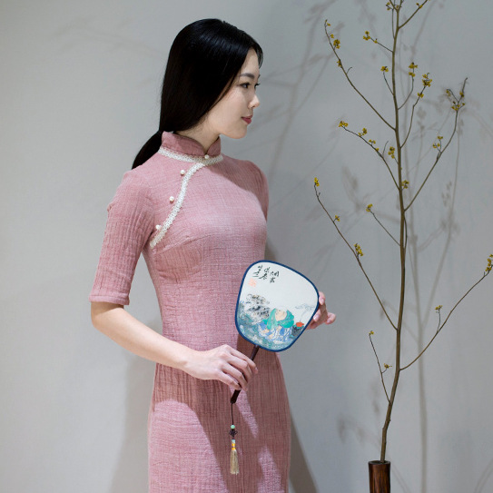 清新文藝復古純棉旗袍 中國風蕾絲花邊素色旗袍工廠,批發,進口,代購