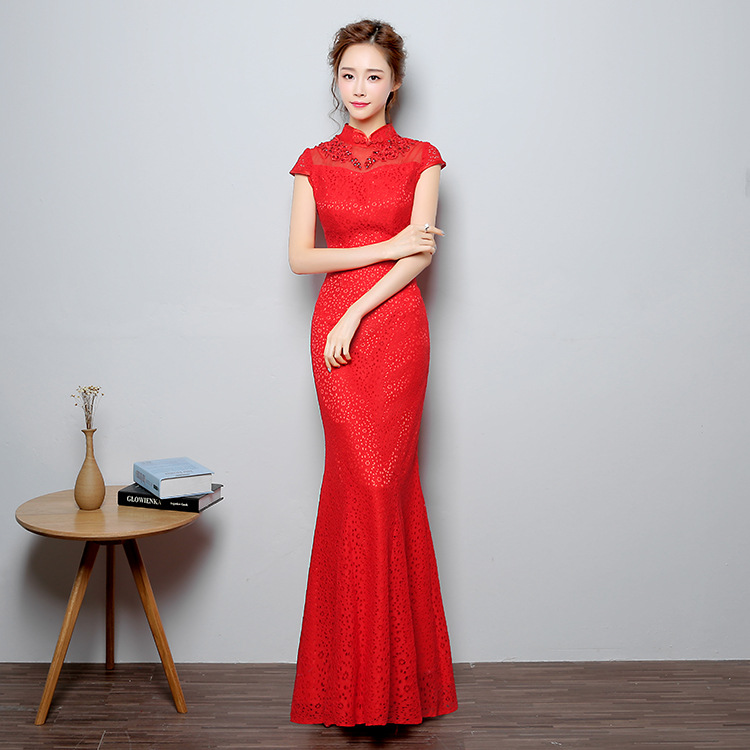 夏季2016新款韓版時尚釘珠蕾絲旗袍 新娘晚會刺繡魚尾長禮服批發工廠,批發,進口,代購