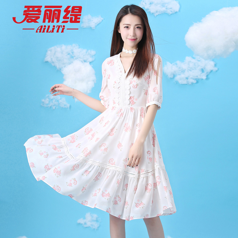 愛麗緹2016春夏新品V領蕾絲連衣裙女波西米亞碎花雪紡沙灘裙Q3558批發・進口・工廠・代買・代購