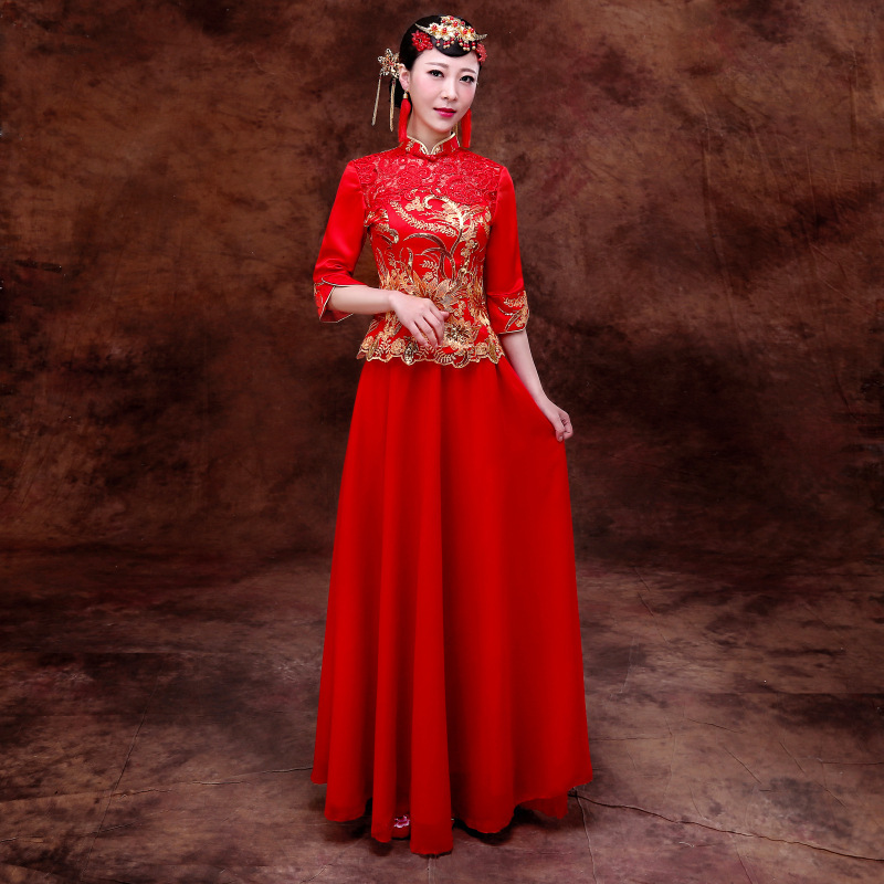 秋季新款女式紅色刺繡新娘服復古紗裙套裝工廠,批發,進口,代購